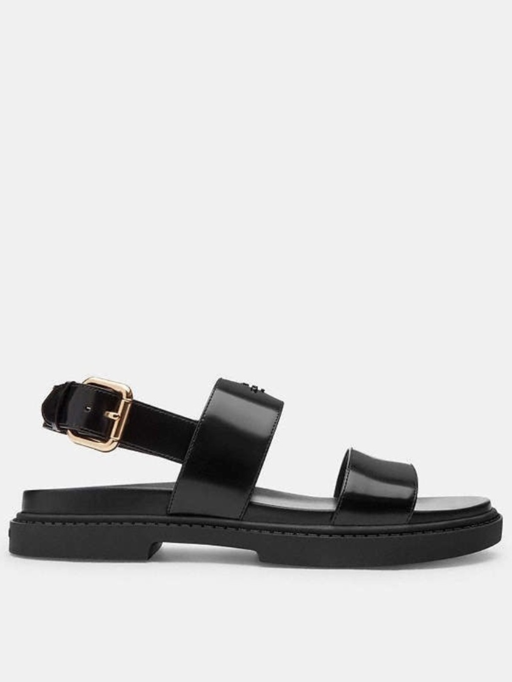 COACH Lockup Two Band Sandals Black Leather Gold-Tone Buckle Size 7 - Picture 2 of 10